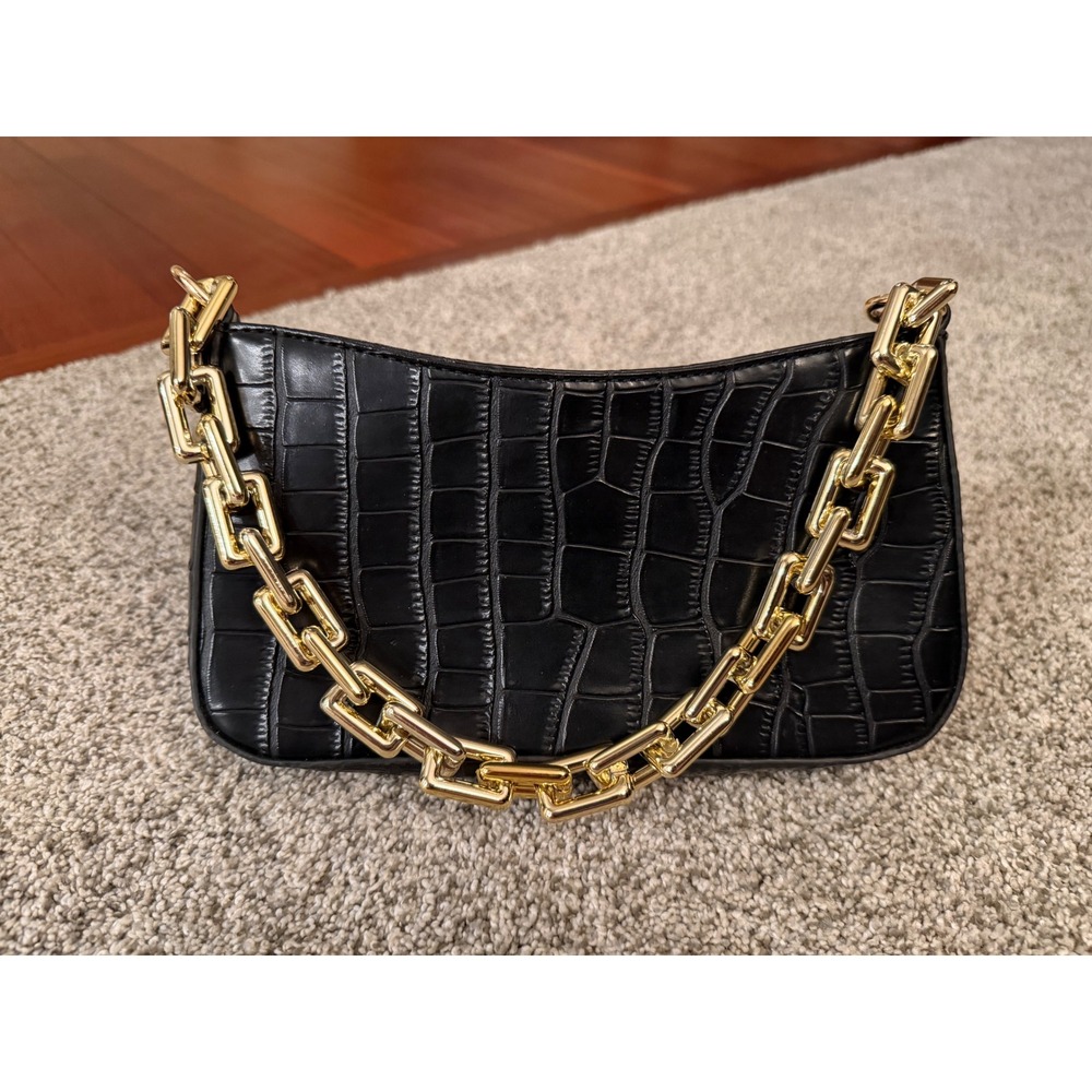 Black Faux Croc Embossed‎ Baguette Shoulder Bag with Chunky Gold Chain Strap